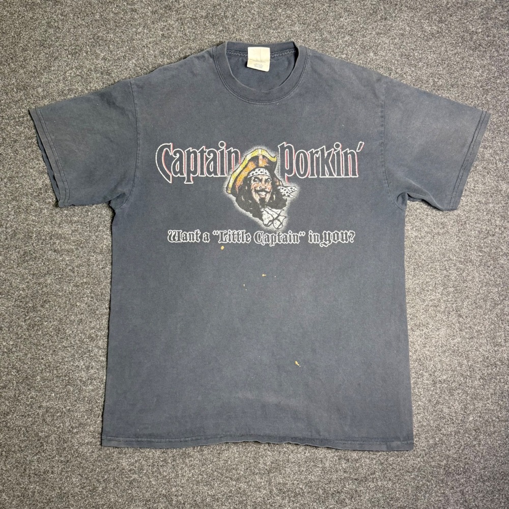 Vintage Captain Porkin T-Shirt Mens L Black Parody Rum Graphic Tee